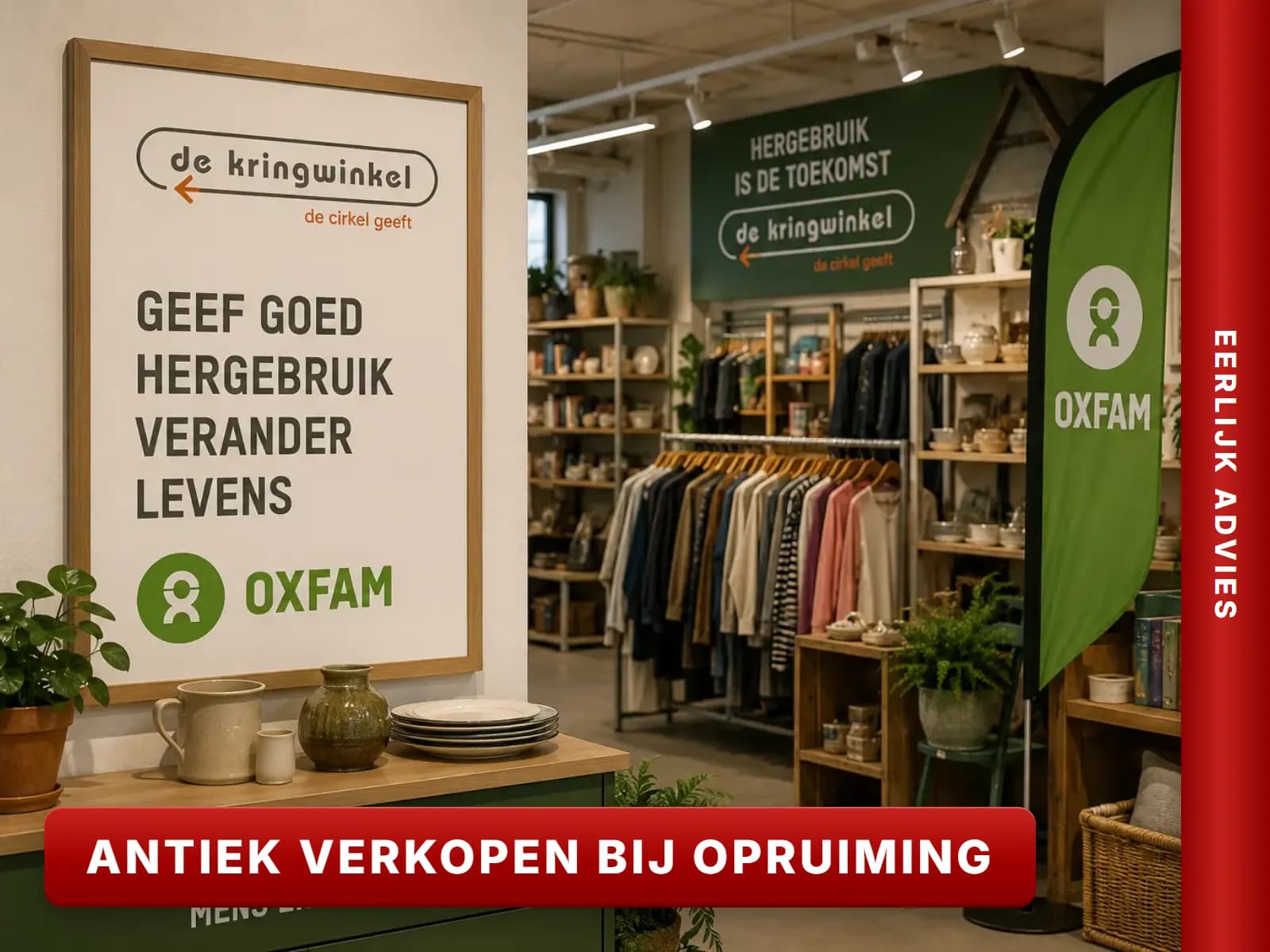 Interieur van een Kringwinkel en Oxfam tweedehandswinkel met kleding, boeken en herbruikbare spullen