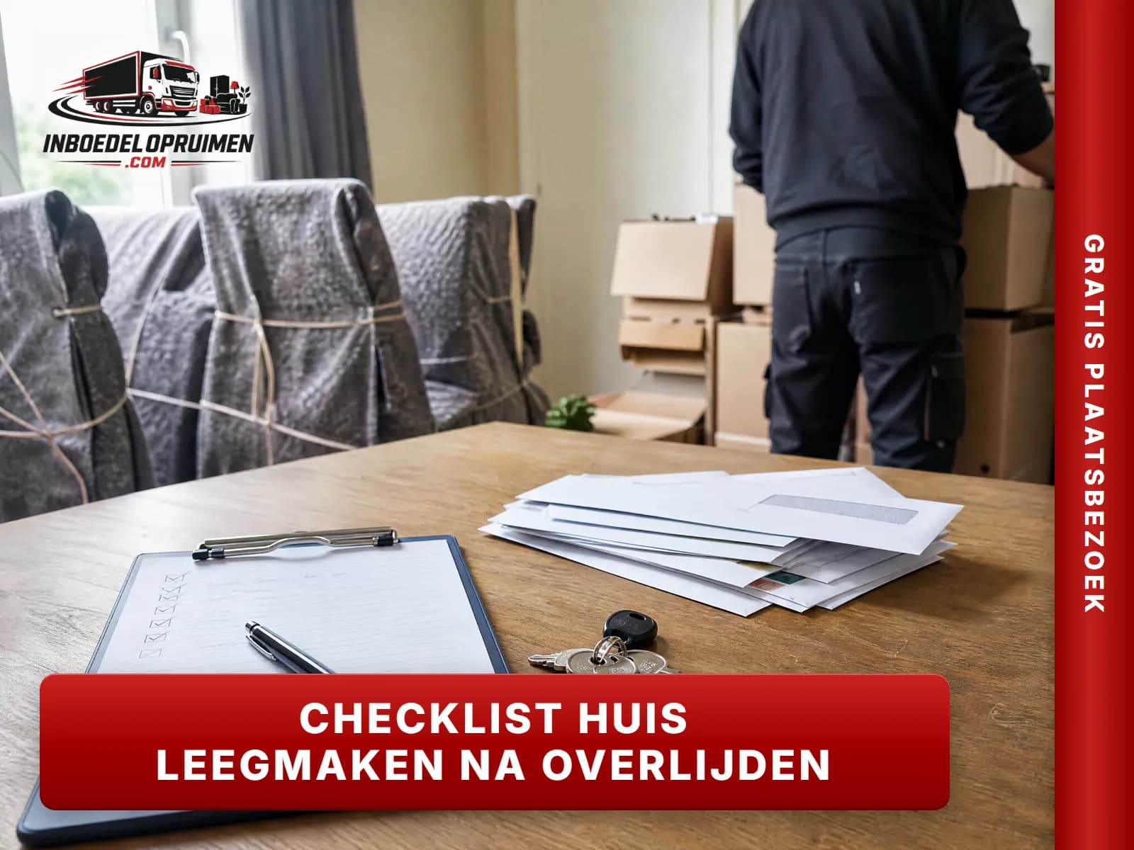 Checklist op klembord naast dozen in een huis dat wordt leeggemaakt na een overlijden