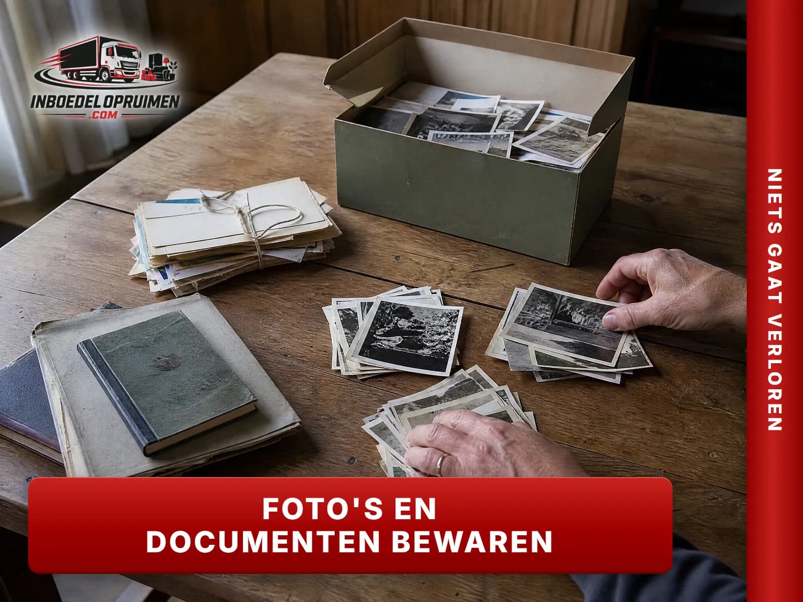 Oude familiefoto's, brieven en documenten in een schoendoos op een tafel tijdens een opruiming