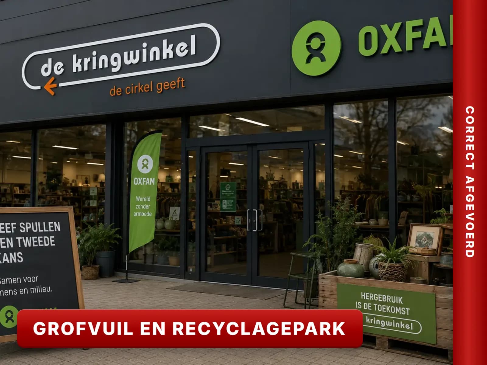 Moderne Kringwinkel en Oxfam winkel met hergebruik meubels en duurzame tweedehands spullen in België