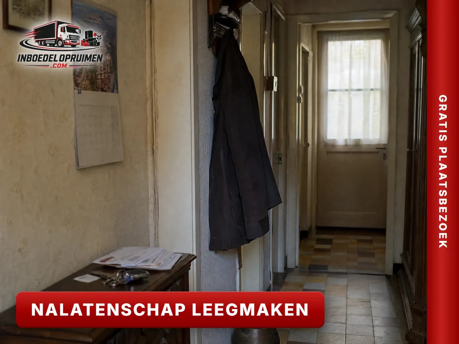 Kalender en sleutels op een kast in de woning van een overledene