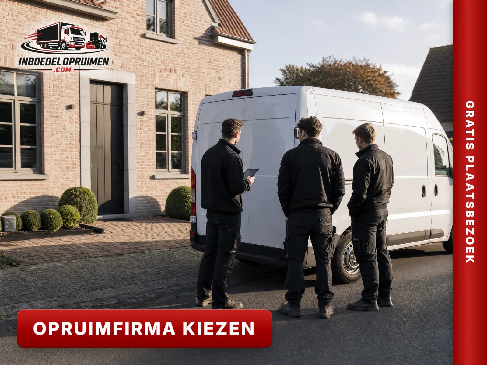 Opruimteam met bestelwagen voor een Vlaamse woning bij de start van een opruiming