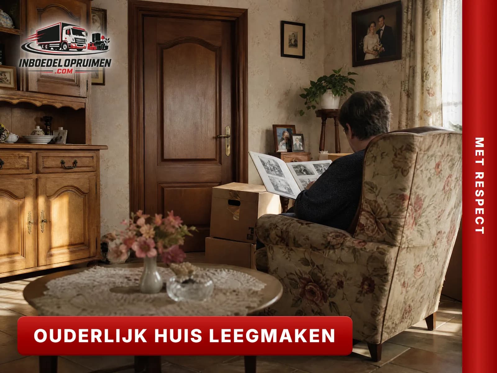 Volwassen kind bekijkt een oud fotoalbum in de woonkamer van het ouderlijk huis