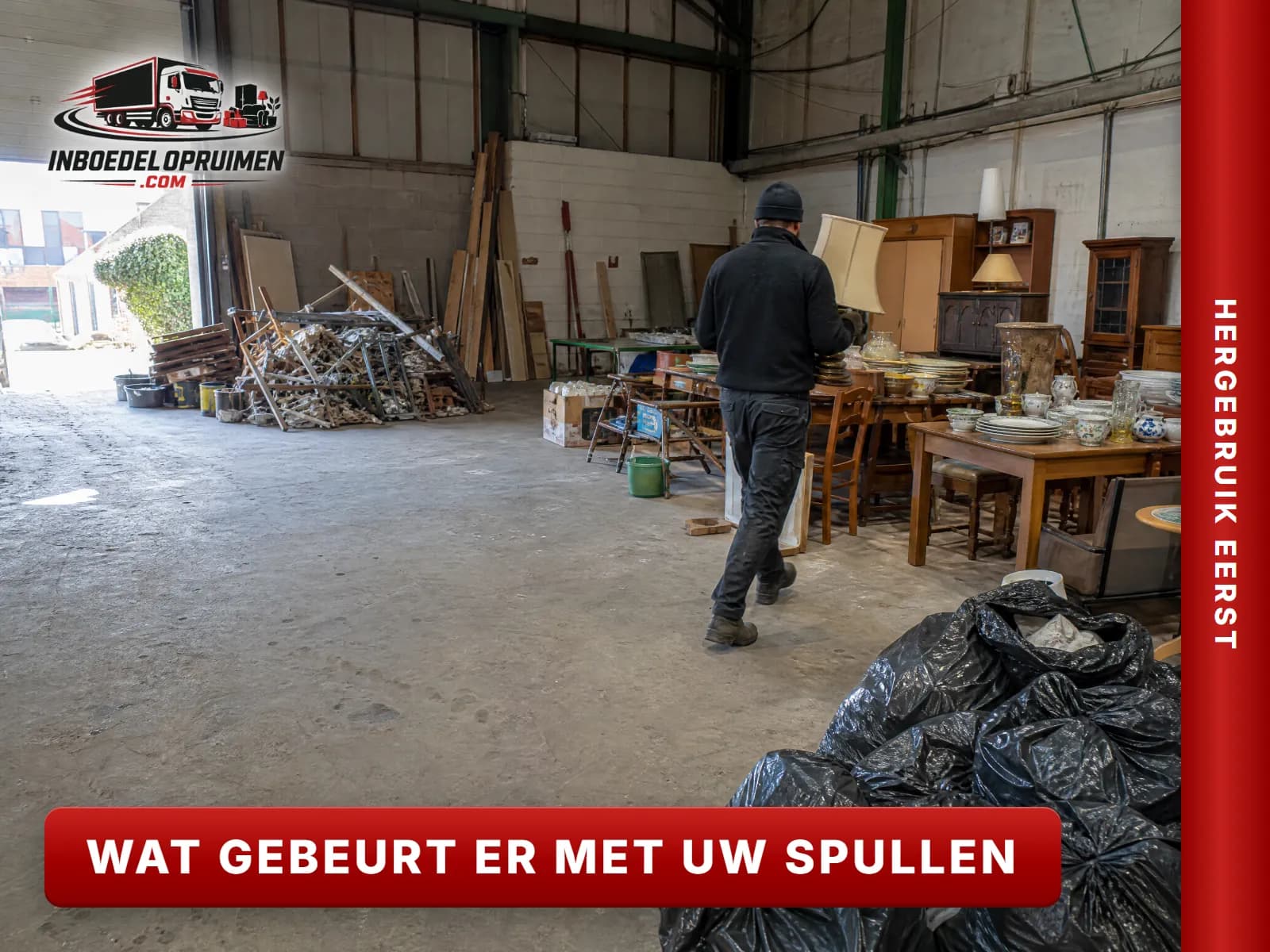 Spullen uit een opruiming gesorteerd in hergebruik, recyclage en afval