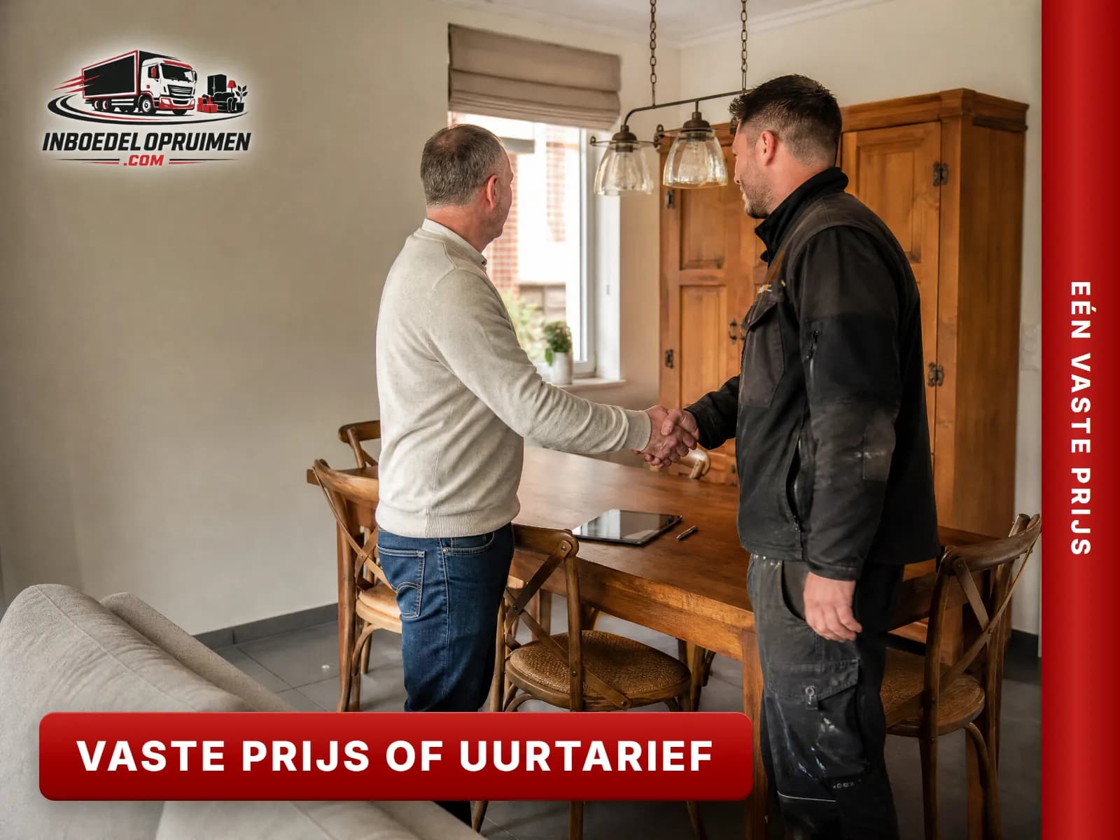 Opruimer en klant geven elkaar de hand na een vaste prijs voor de opruiming