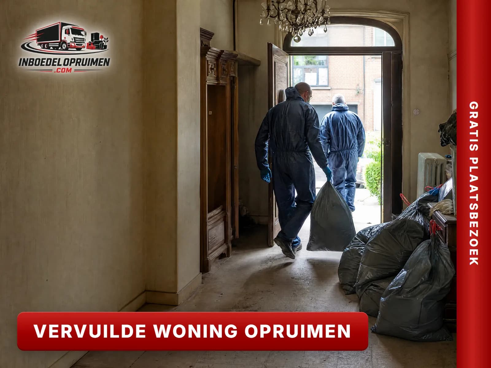 Opruimers in beschermkledij voeren vuilniszakken af uit een verwaarloosde woning