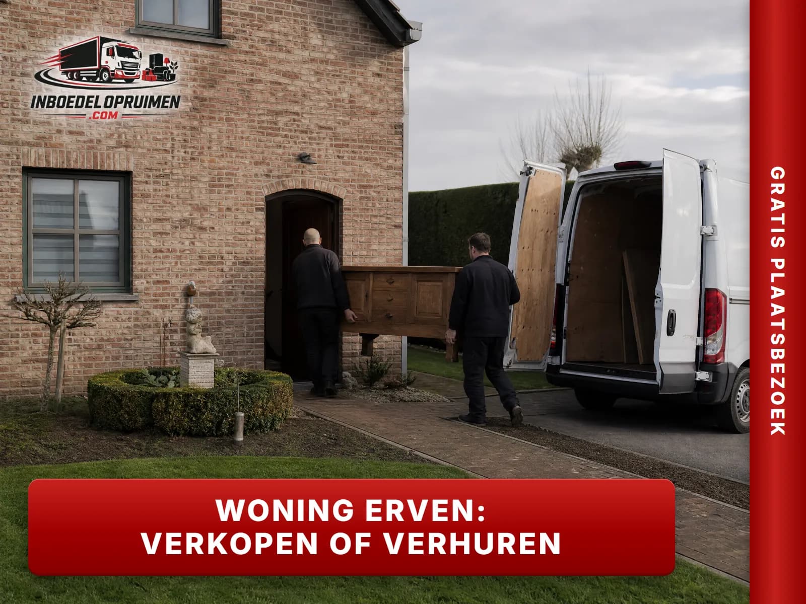 Geërfde Vlaamse woning met opruimers die het laatste meubel naar buiten dragen