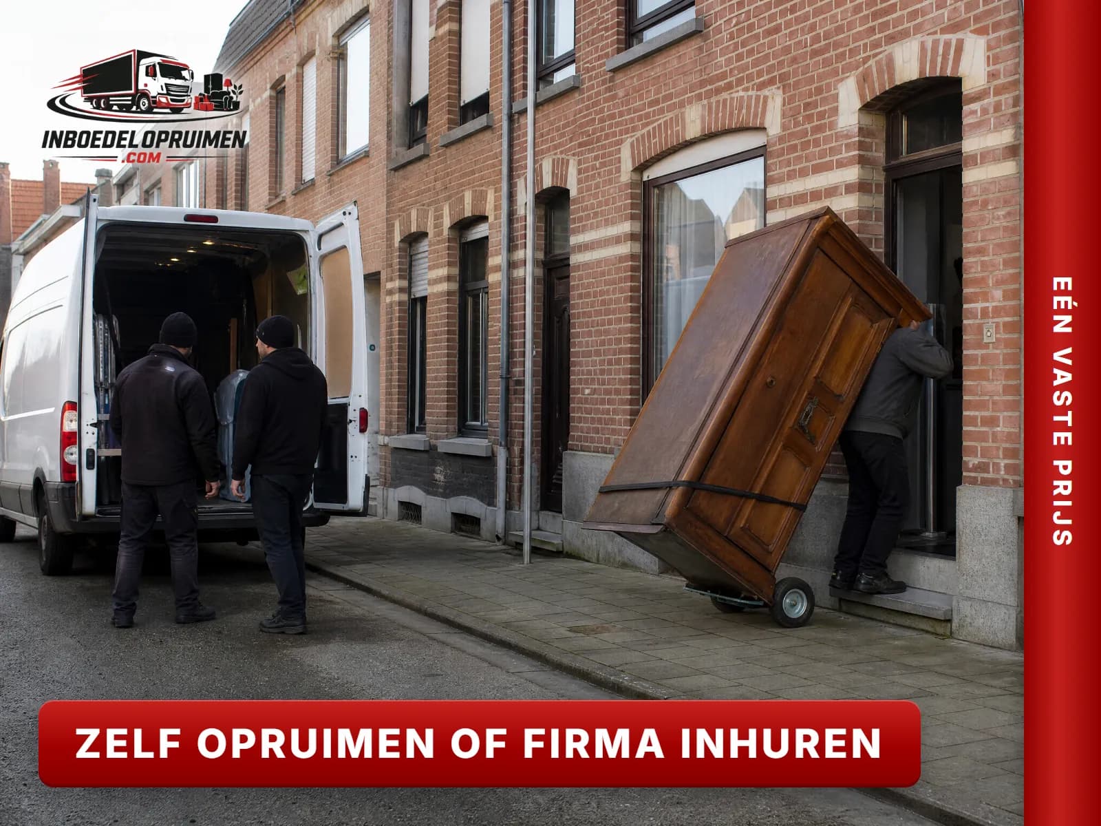 Iemand sleurt zelf een zware kast naar buiten terwijl een opruimfirma klaarstaat