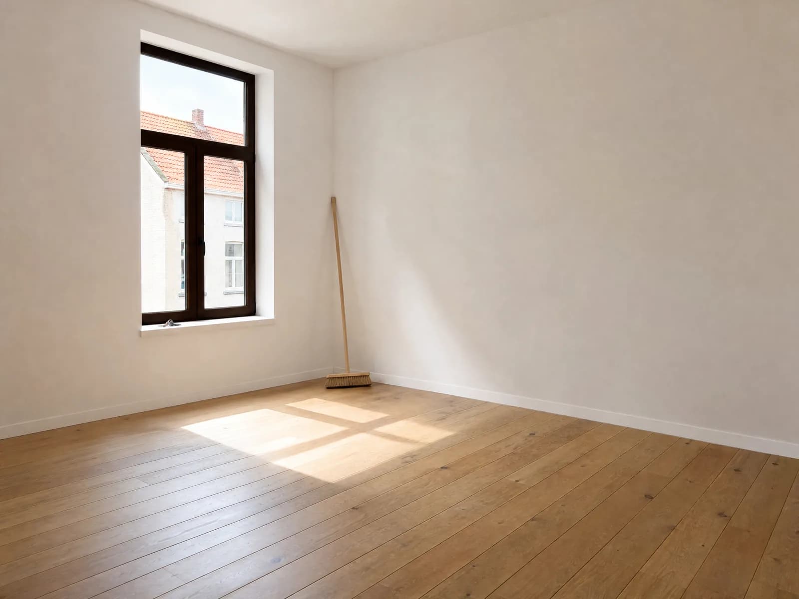 Lege, geveegde kamer met kale houten vloer, een bezem tegen de muur en sleutels op de vensterbank