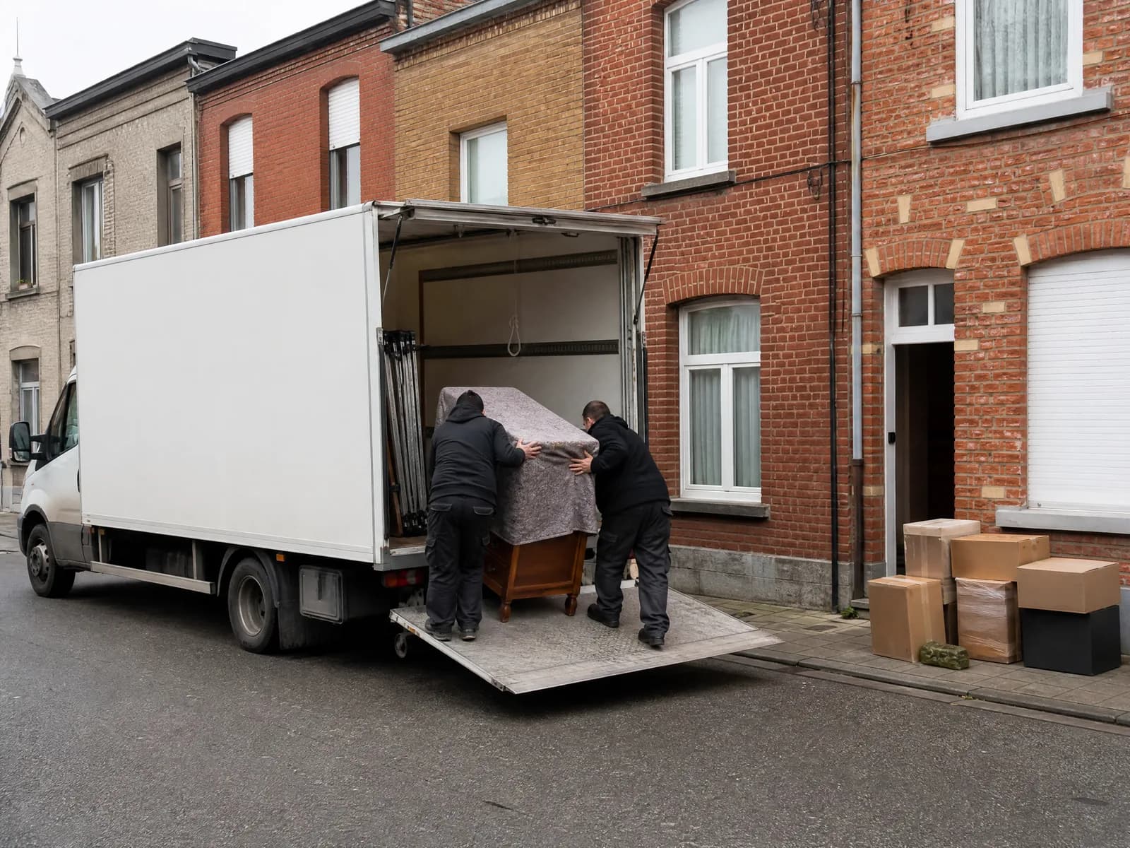 Twee opruimers laden een in dekens gewikkelde kast op de laadklep van een witte vrachtwagen voor een bakstenen rijwoning