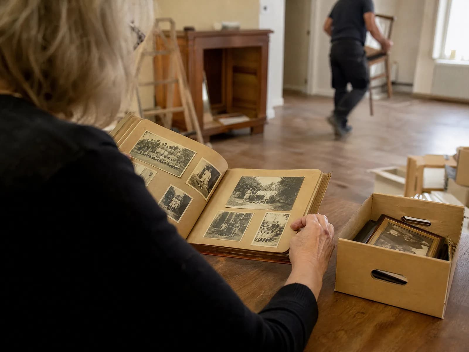 Handen met een fotoalbum naast een doos met foto's en brieven die de familie bewaart