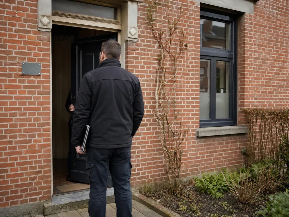 Ploegbaas van de opruimfirma met een tablet aan de voordeur van een bakstenen rijwoning voor het gratis plaatsbezoek