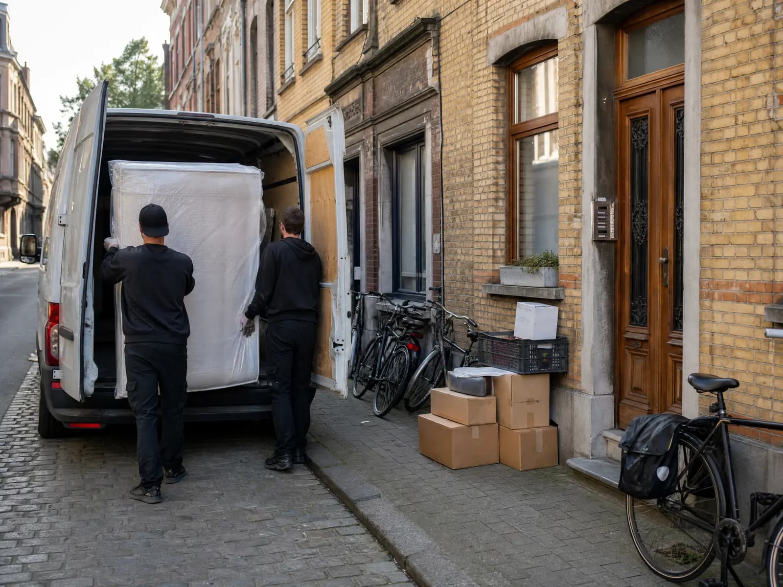 Twee opruimers laden een ingepakte matras en dozen in een witte bestelwagen voor een studentenhuis