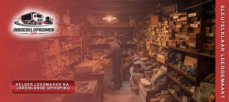 Medewerker sorteert decennialang opgestapelde spullen en dozen tijdens professioneel kelder leegmaken in België
