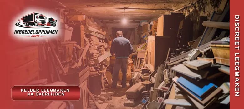 Medewerker ruimt volle kelder op als onderdeel van nalatenschap na overlijden in Vlaamse woning