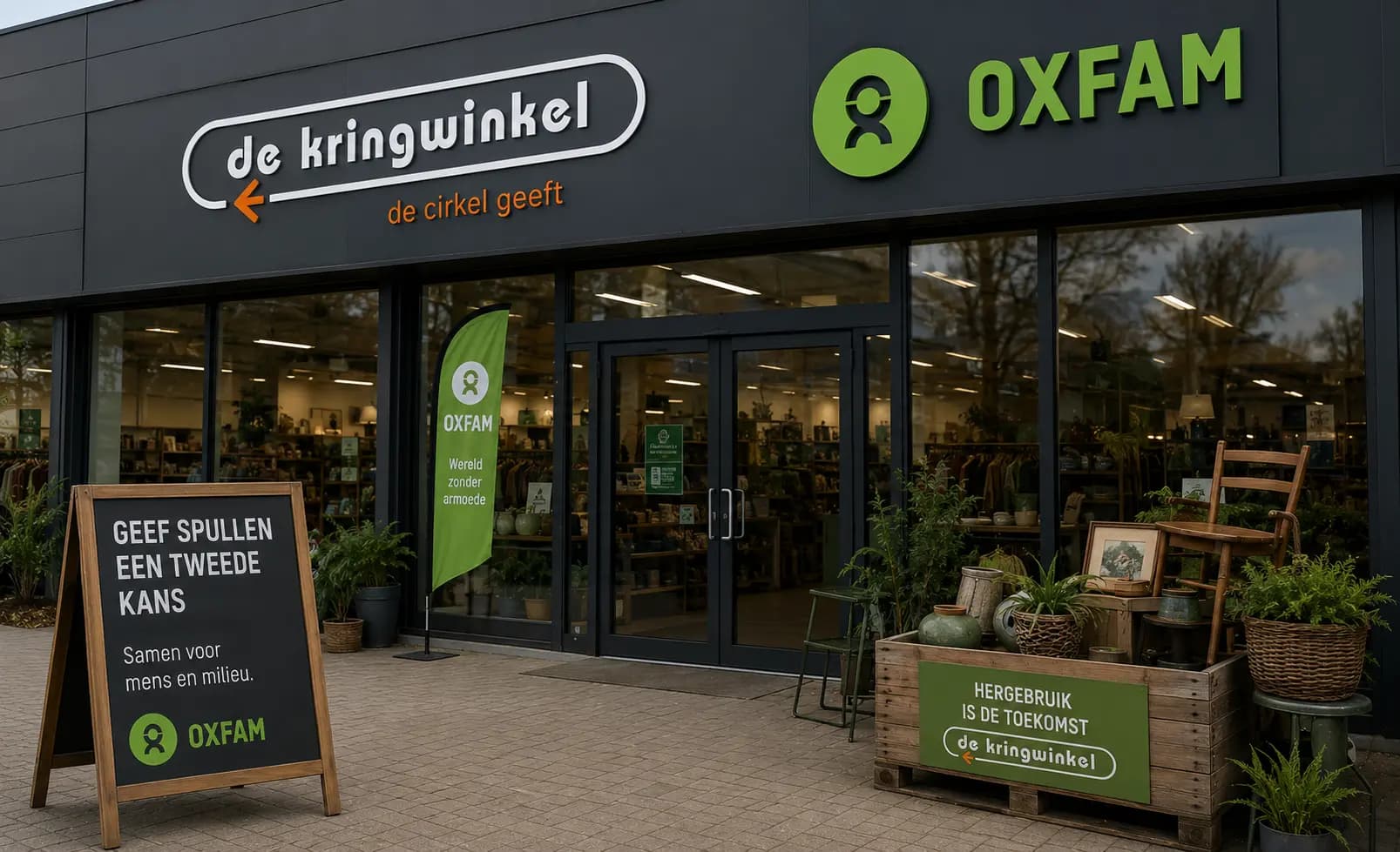 Moderne Kringwinkel en Oxfam winkel met hergebruik meubels en duurzame tweedehands spullen in België