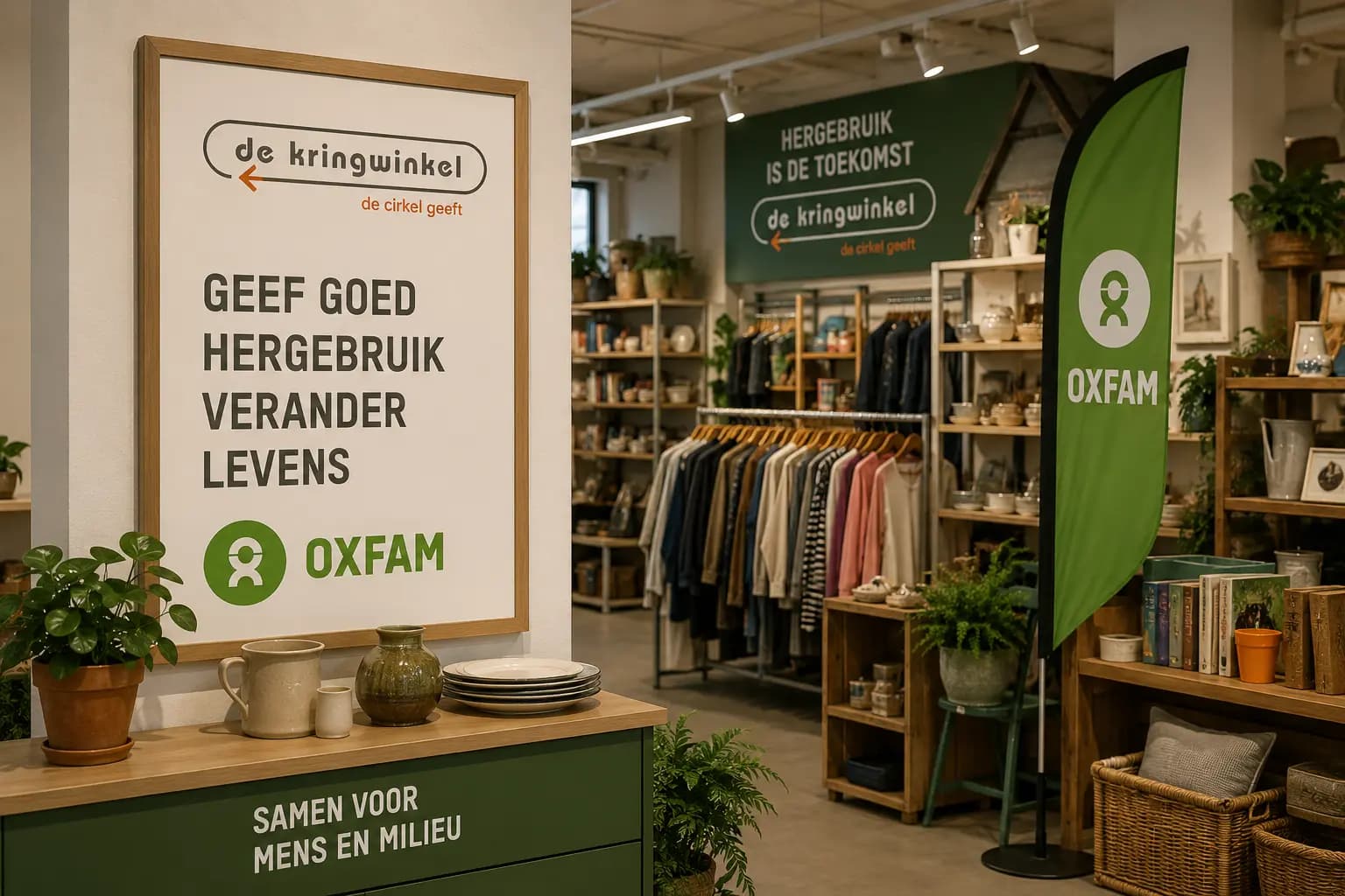 Interieur van een Kringwinkel en Oxfam tweedehandswinkel met kleding, boeken en herbruikbare spullen