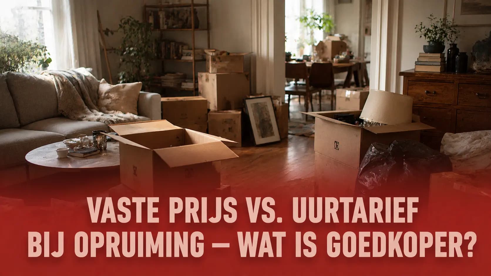 Woonkamer vol verhuisdozen tijdens een inboedelopruiming