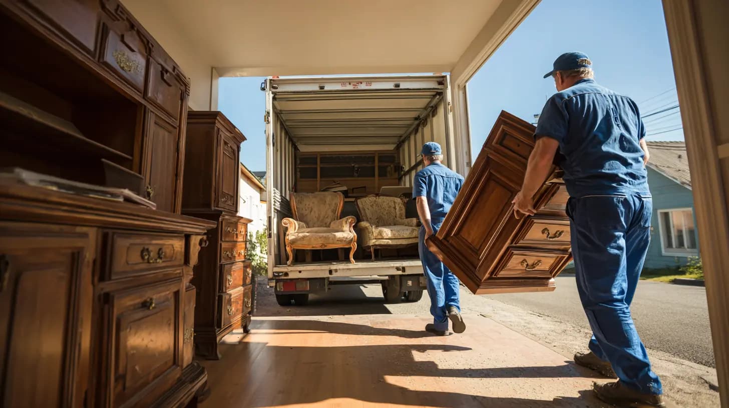 Twee medewerkers dragen antiek meubilair de verhuiswagen in tijdens inboedelopruiming