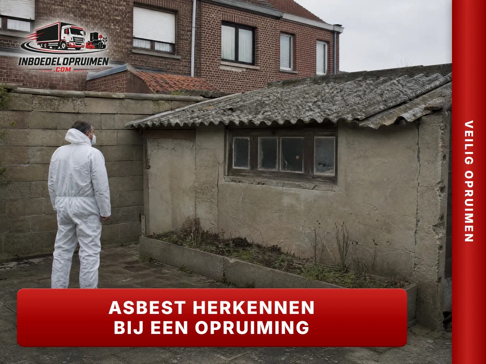 Oude golfplaten van asbestcement op een tuinberging achter een Vlaamse rijwoning
