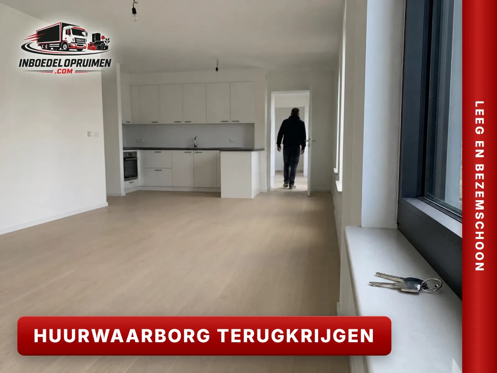 Lege bezemschone huurwoning met sleutels op de vensterbank bij de oplevering