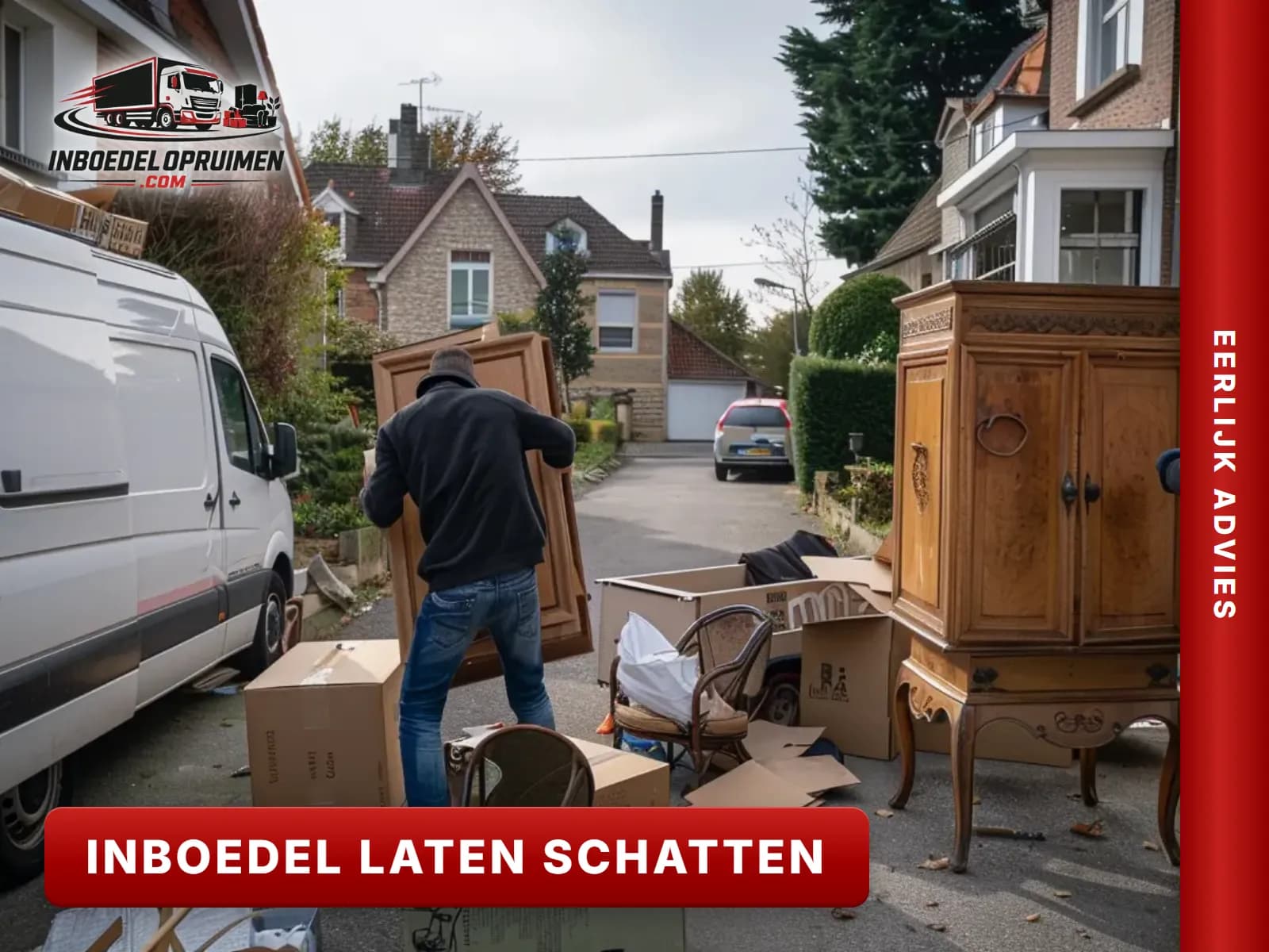 Medewerkers sorteren meubels en spullen na een inboedelopruiming voor afvoer naar kringwinkel