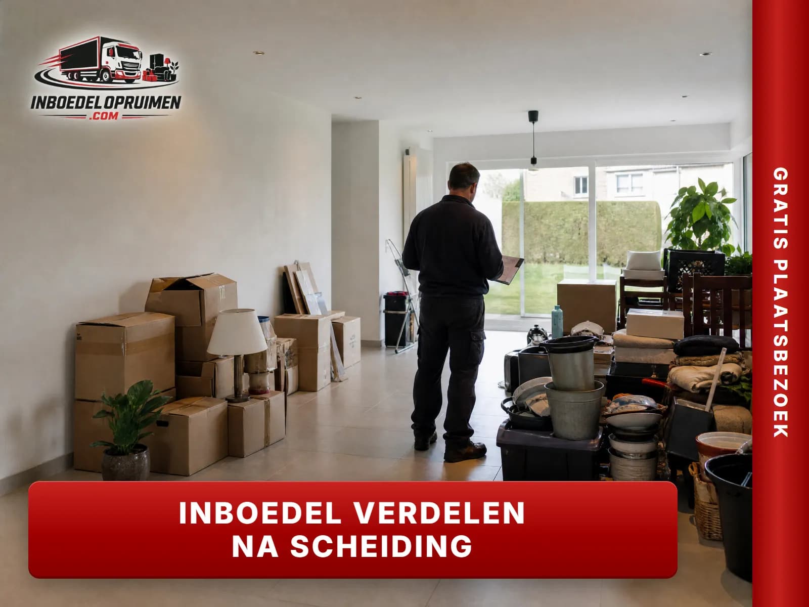 Huisraad in twee groepen verdeeld in een woonkamer na een scheiding