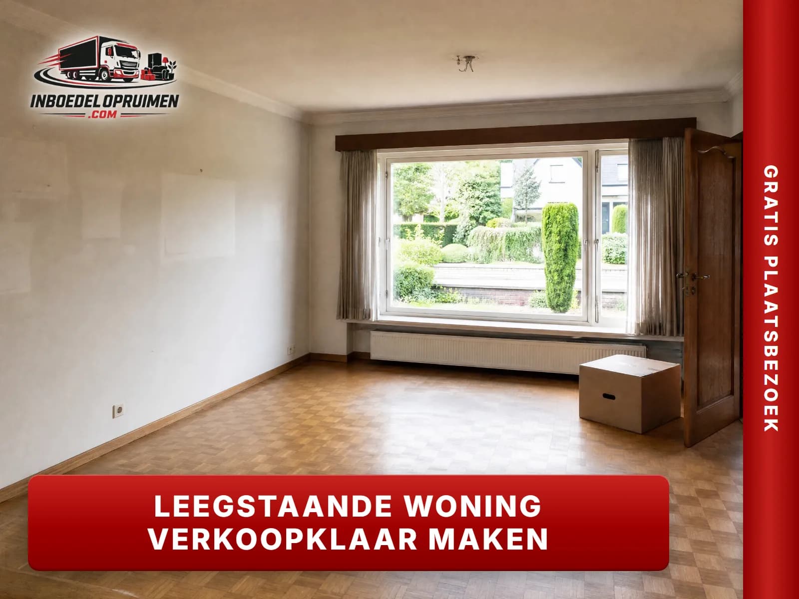 Lege, bezemschone woonkamer van een leegstaande Vlaamse woning klaar voor verkoop