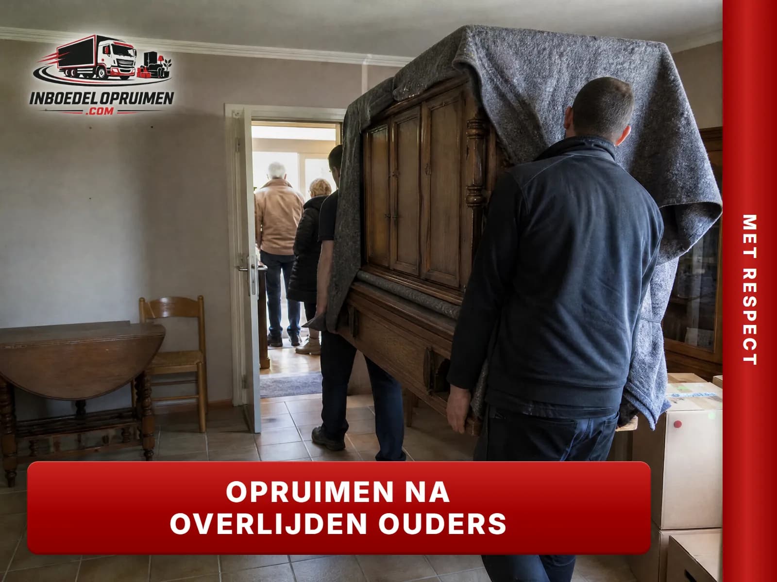 Opruimers dragen voorzichtig meubels uit de woning van overleden ouders