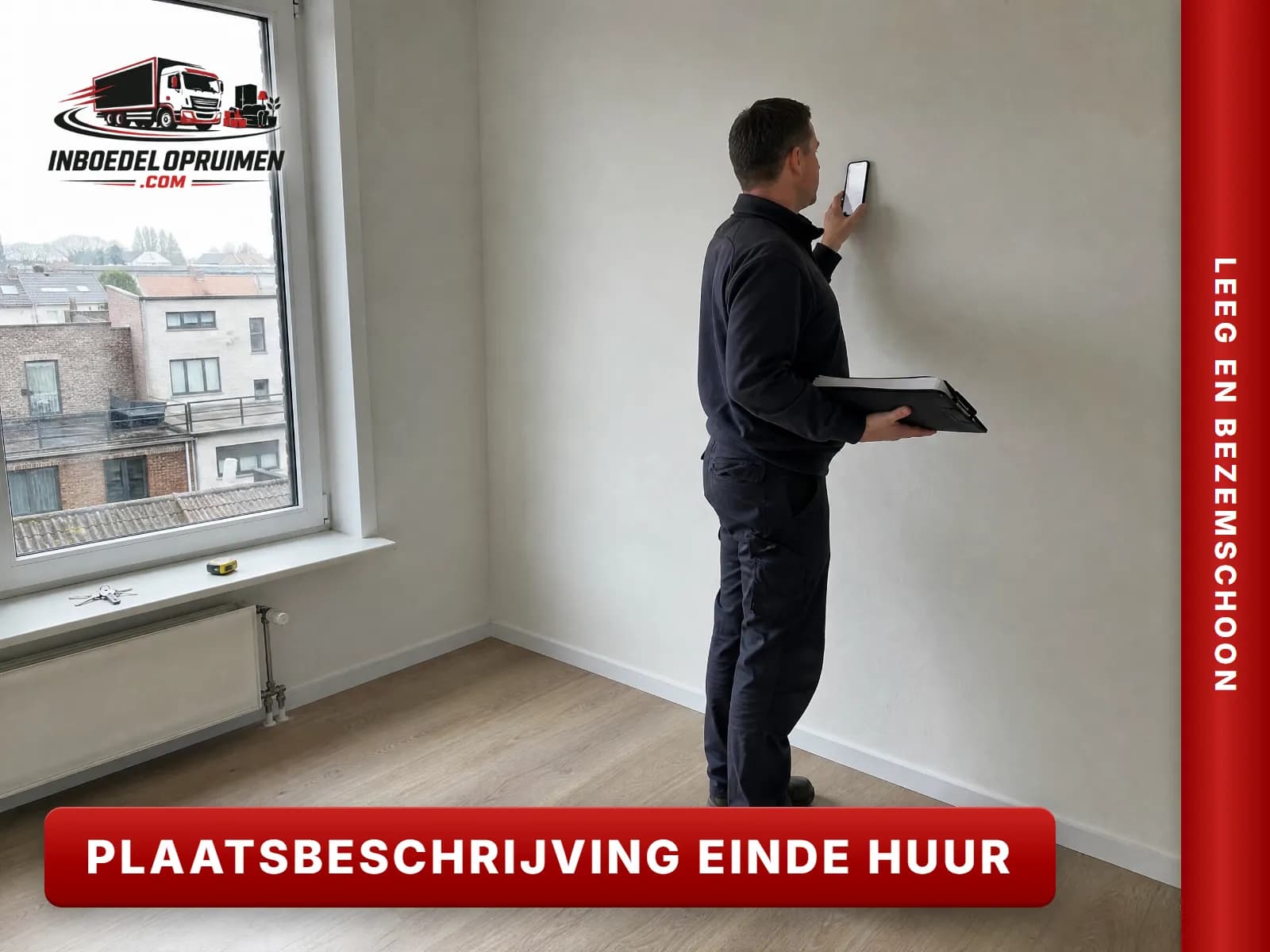 Lege huurwoning tijdens de plaatsbeschrijving met klembord en meetlint