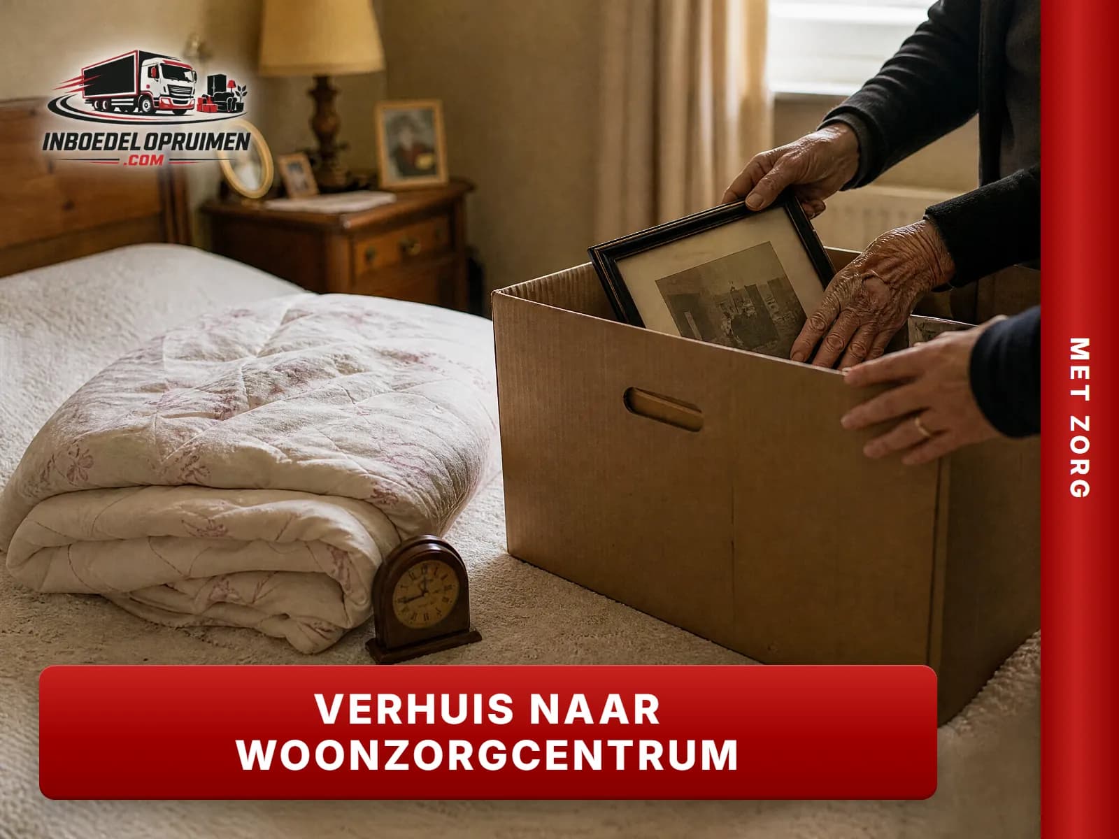 Senior pakt persoonlijke spullen in een doos voor de verhuis naar het woonzorgcentrum