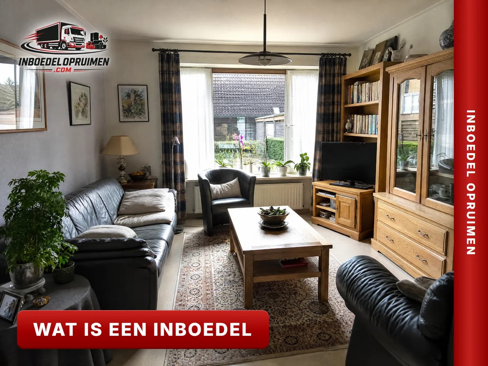 Inboedel van een Vlaamse woonkamer met meubels, huisraad, boeken en decoratie