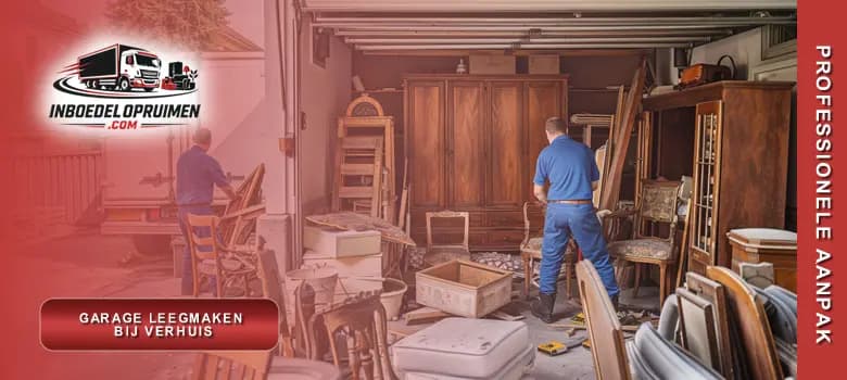 Twee medewerkers verwijderen achtergebleven meubels en dozen tijdens garage leegmaken bij verhuis in Vlaamse woning