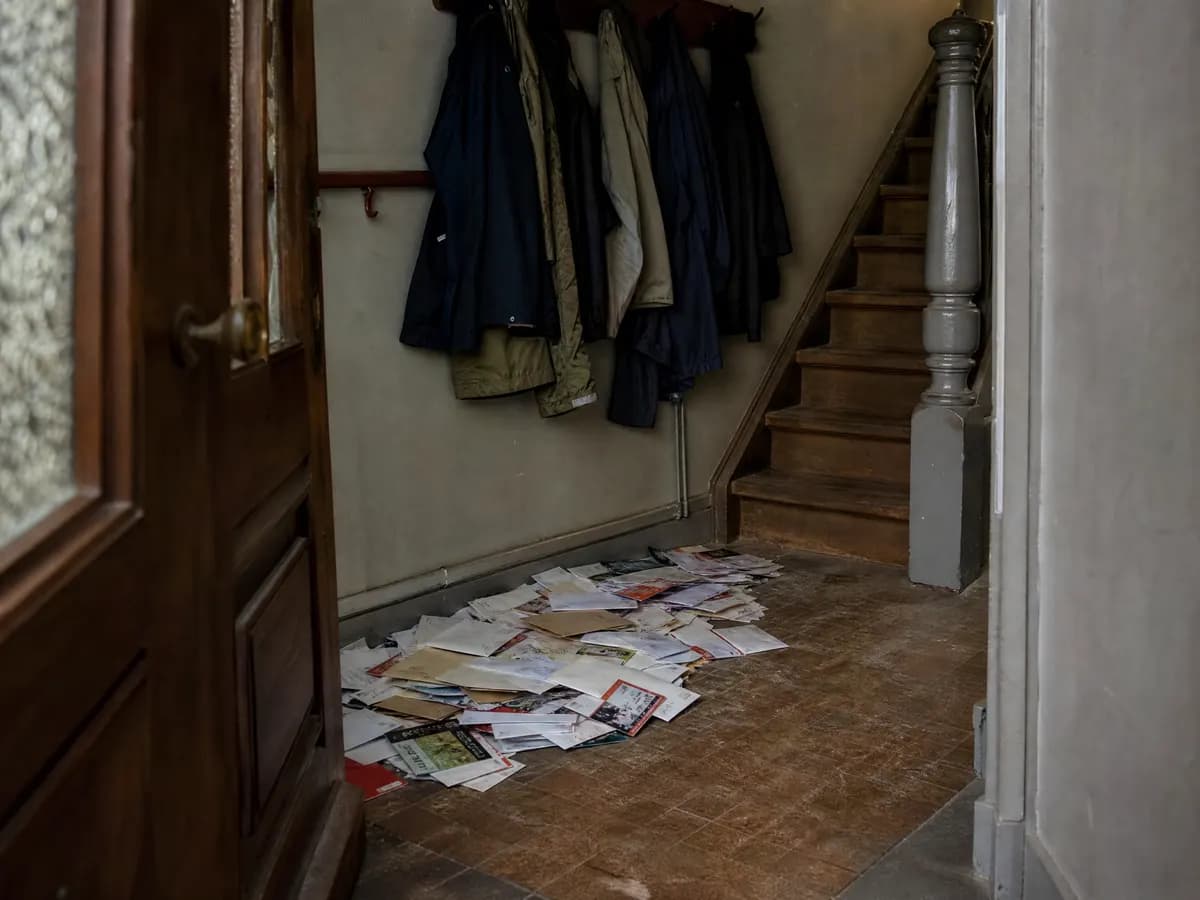 Geërfde woning die leeg staat met post op de vloer achter de voordeur