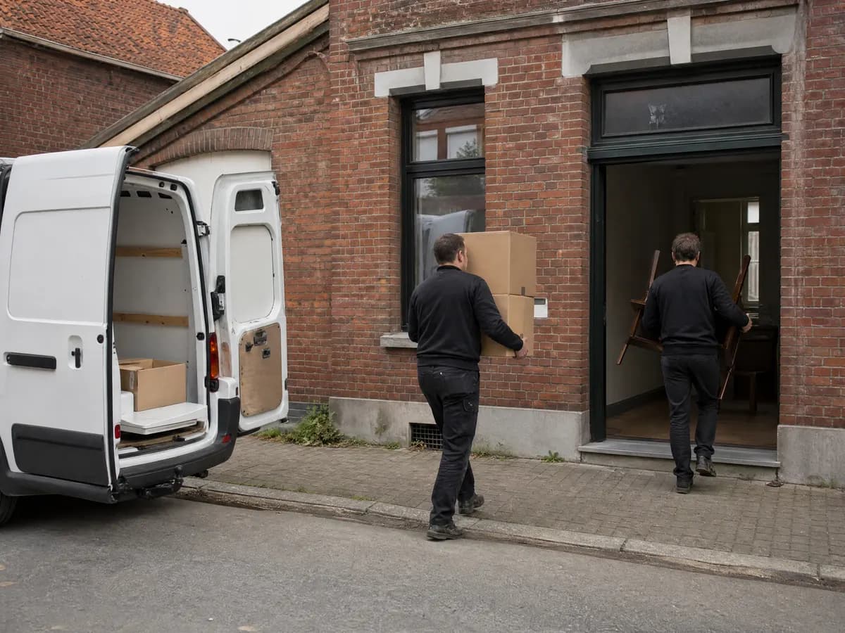 Opruimers dragen de inboedel uit een woning tijdens een inboedelopruiming