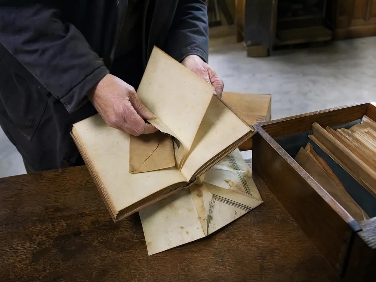 Waardepapieren en enveloppen verstopt tussen boeken en in laden gevonden bij een opruiming