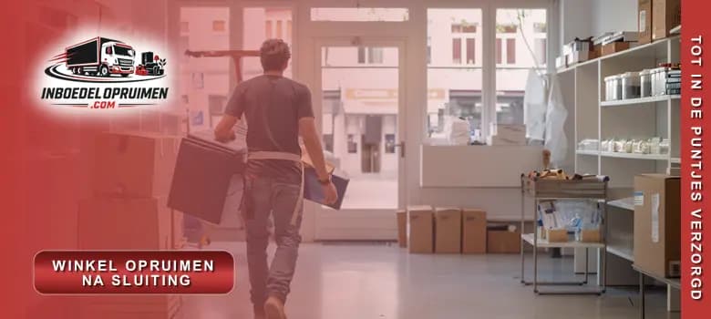 Medewerker verwijdert rekken en toonbanken tijdens opruiming van winkel na definitieve sluiting in België