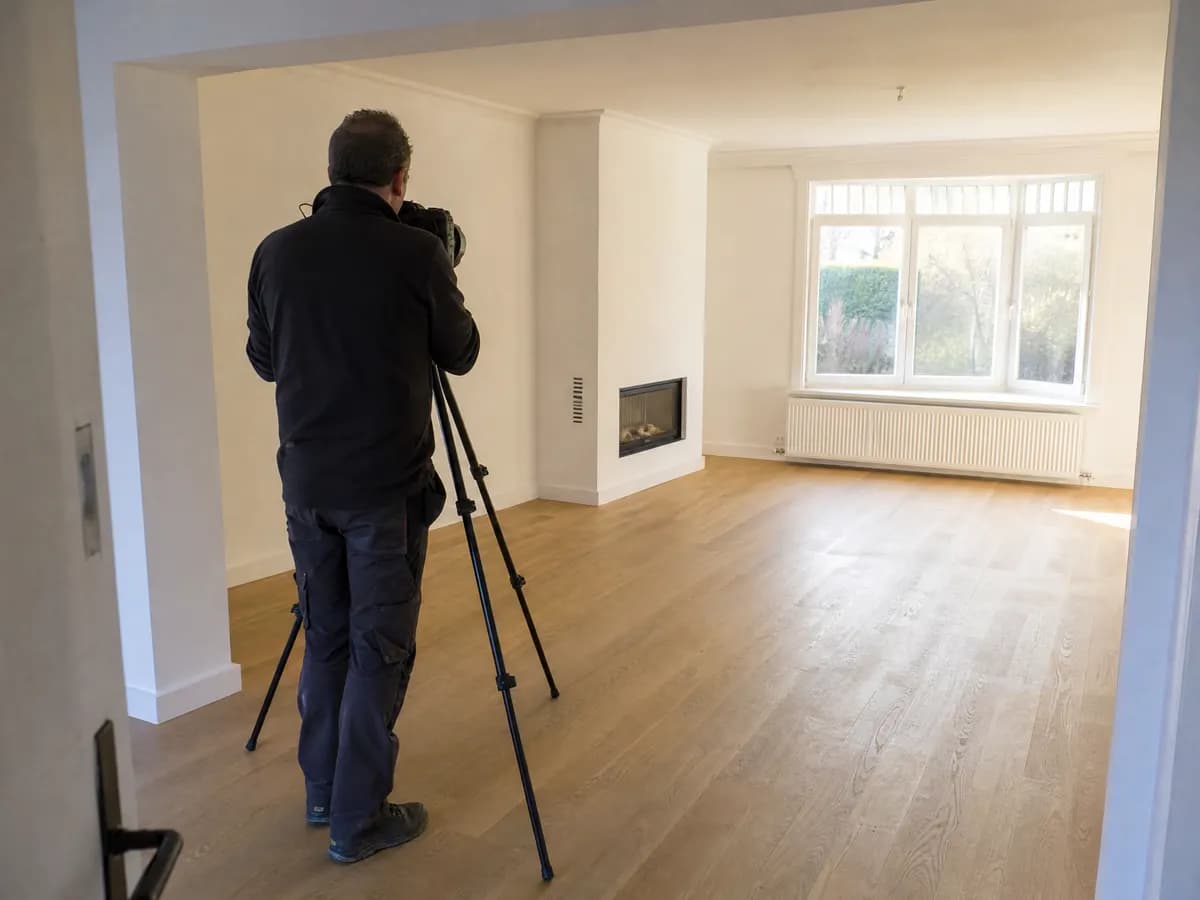 Lege, lichte woonkamer wordt gefotografeerd voor de verkoopadvertentie