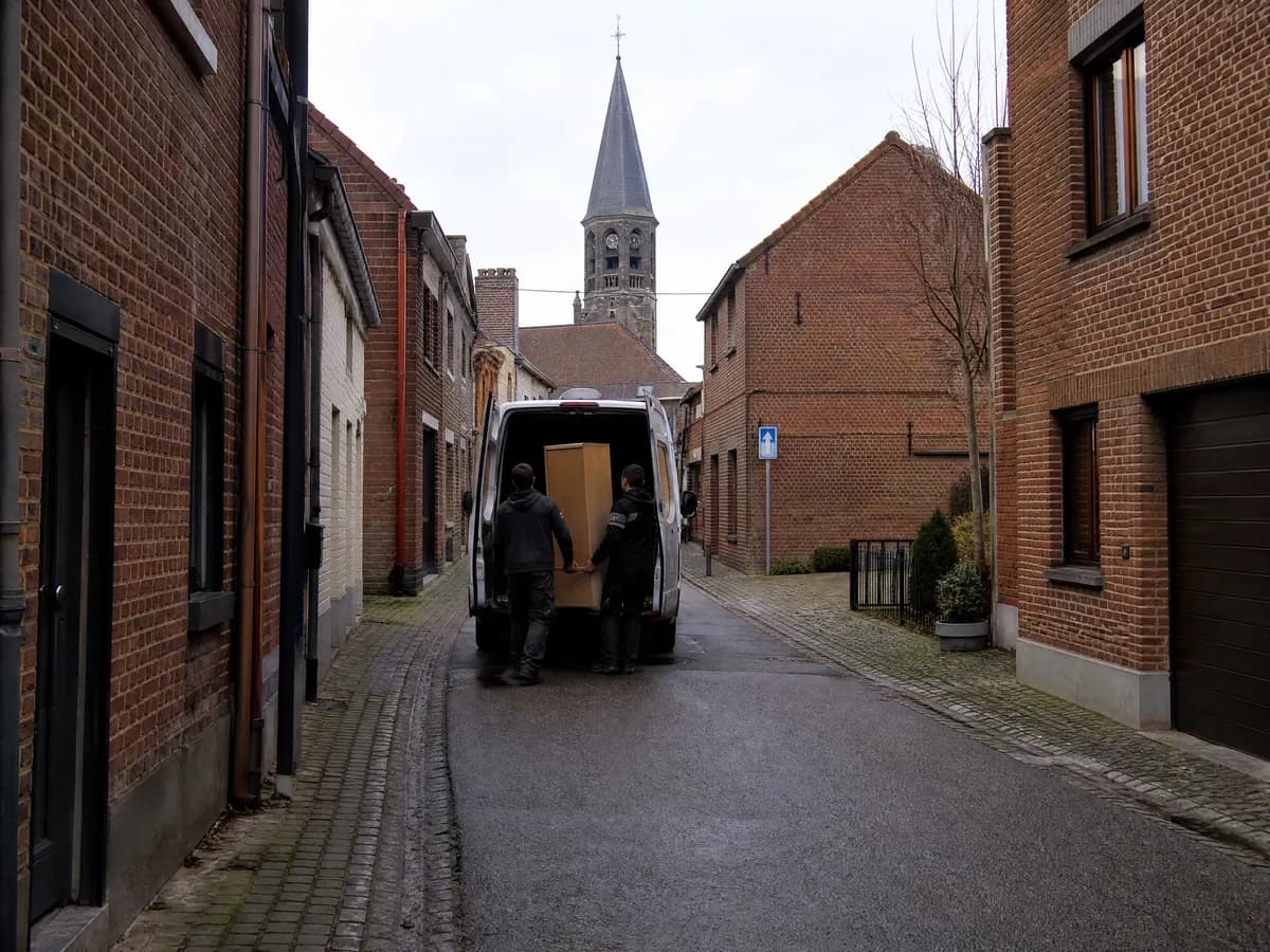 Lokale opruimfirma aan het werk in een Vlaamse straat