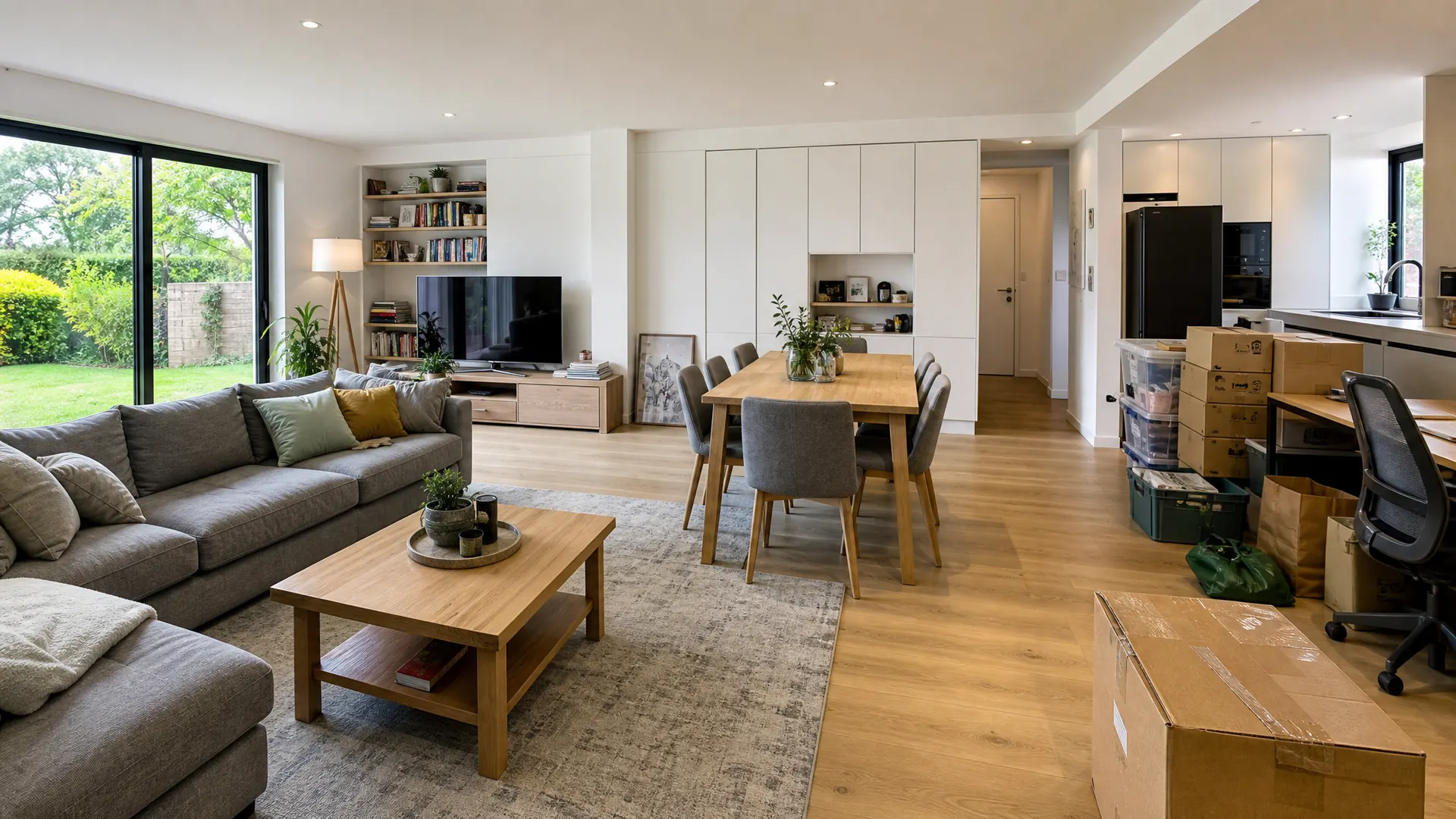 Volgemeubelde woonkamer van een moderne Vlaamse woning met grijze hoeksalon, eettafel en verhuisdozen, voor de inboedelopruiming