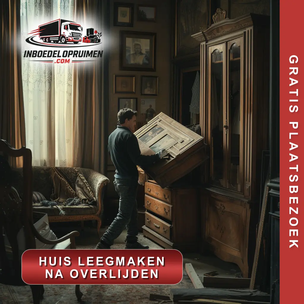 huis-leegmaken-na-overlijden-main-photo Medewerker draagt persoonlijke bezittingen en oude meubels voorzichtig uit Vlaamse familiewoning tijdens huis leegmaken na overlijden