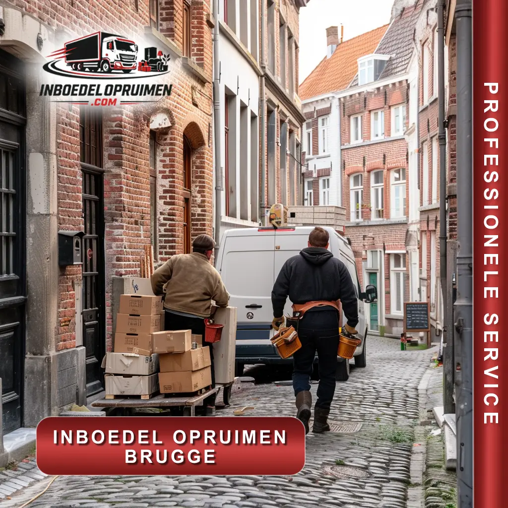 Twee medewerkers dragen meubels en dozen uit historisch pand op smalle kasseienstraat in Brugge tijdens professionele inboedelopruiming