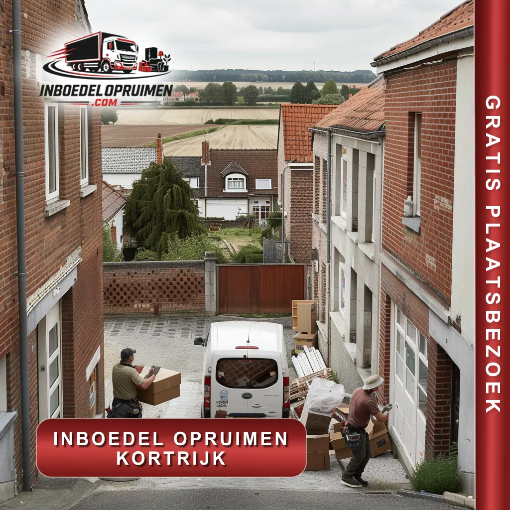 inboedel-opruimen-kortrijk-vlaanderen Twee medewerkers dragen meubels en dozen uit West-Vlaamse rijwoning op typische Kortrijkse straat tijdens professionele inboedelopruiming
