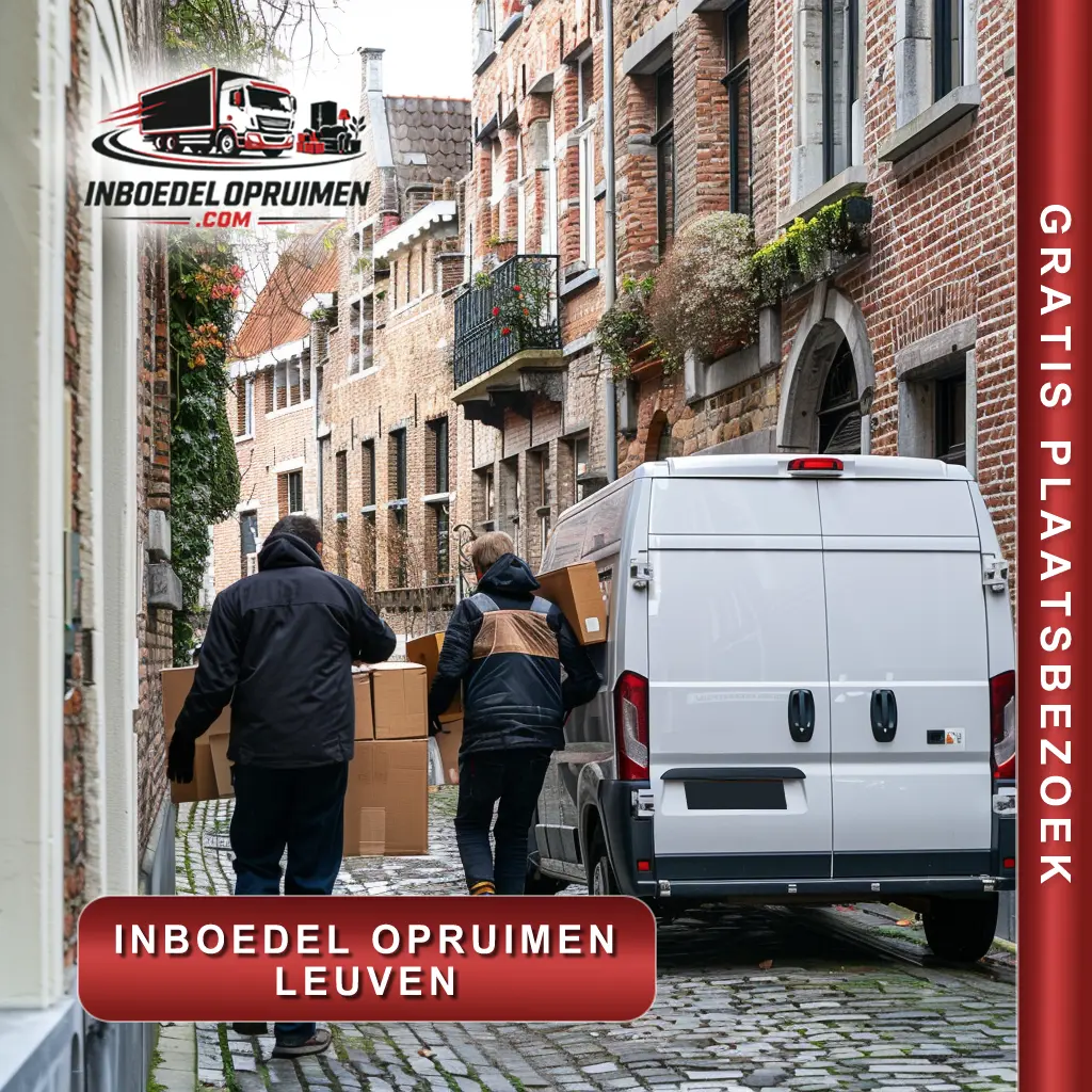 Twee medewerkers dragen meubels en dozen uit studentenwoning op typische Leuvense straat tijdens professionele inboedelopruiming