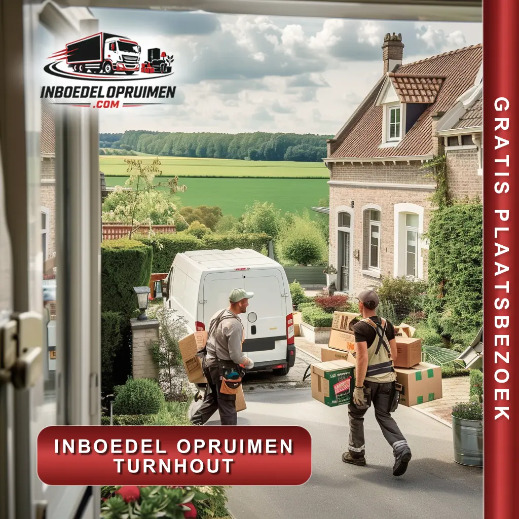 Twee medewerkers dragen meubels en dozen uit halfopen Kempense woning tijdens professionele inboedelopruiming in Turnhout