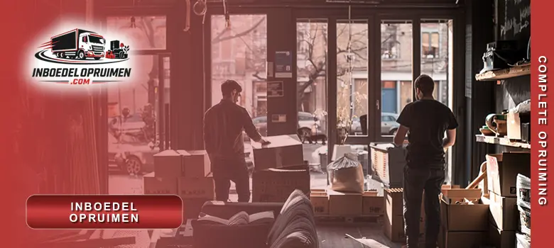 Twee medewerkers dragen meubels uit een Belgische woning tijdens een professionele inboedelopruiming