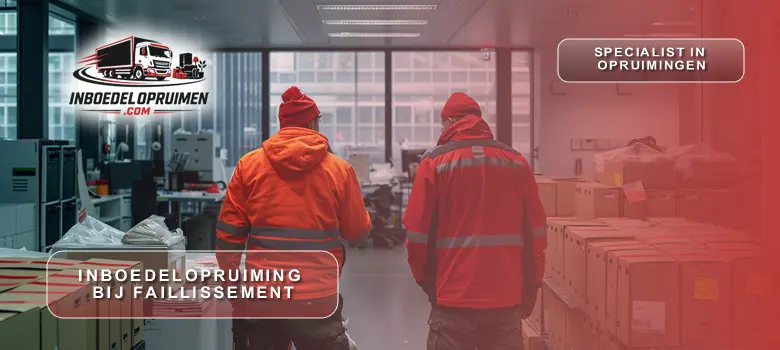 Twee medewerkers ruimen kantoormeubels en archiefkasten op tijdens inboedelopruiming bij bedrijfssluiting