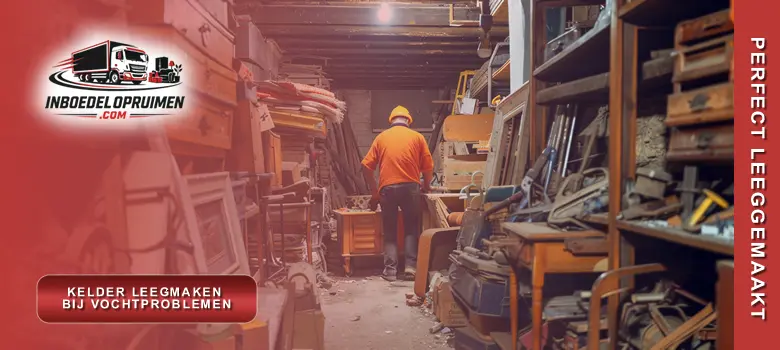 Medewerker verwijdert aangetast meubilair en beschimmelde dozen tijdens kelder leegmaken bij vochtproblemen