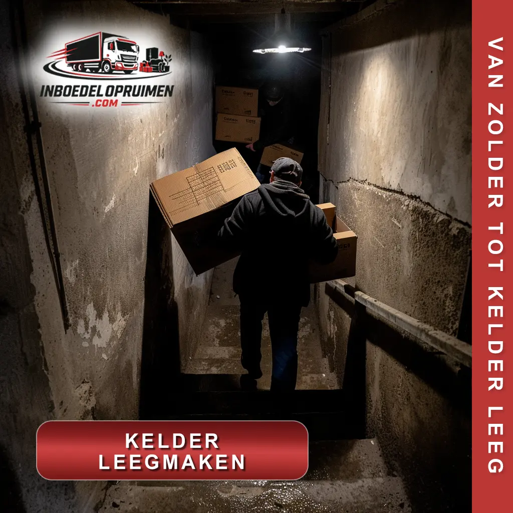 Medewerker draagt zware dozen de trap af tijdens professioneel kelder leegmaken in Vlaamse woning