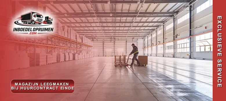 Medewerkers leveren magazijn leeg en bezemschoon op voor verhuurder na afloop huurcontract in Belgisch bedrijfspand